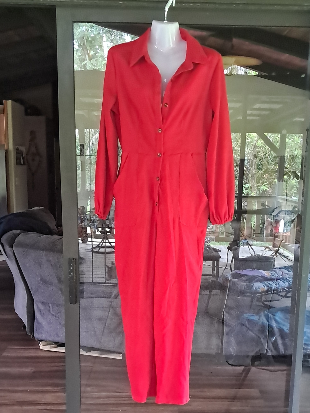 SHEIN Red Long Sleeve Button-Front Jumpsuit